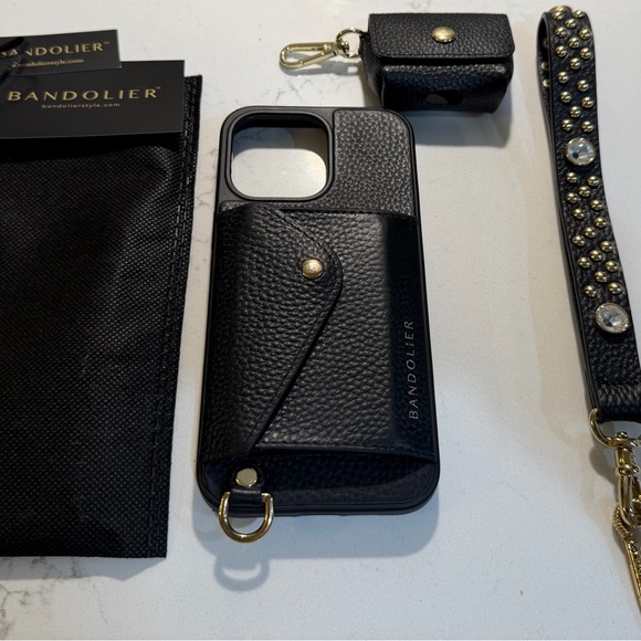 Bandolier Black Pebbled Leather Phone Case with Gold Accents - Picture 1 of 16